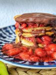 Easy recipe for fluffy Vegan Breakfast Pancakes. They are the perfect healthy weekend treat. Made with oats & naturally sweetened with maple syrup. Best enjoy them with fruity strawberry compote or decadent chocolate sauce. Heavenly! | inlovewithbliss.com #vegan #pancake #easy #healthy #breakfast