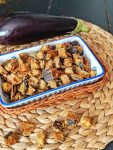 These Roasted Eggplant Crispies are hot and fresh out of the oven. They are vegan, gluten free & oil-free. An easy healthy snack and a perfect addition to creamy soups or fresh garden salads. 💚| inlovewithbliss.com #healthy #fingerfood #snack #vegan #eggplant